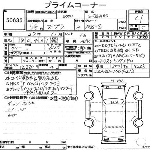 1999 Toyota Supra RZ-S 3L twin turbo auction sheet